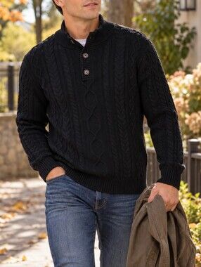 Tilley Men’s Black 100% Cotton Cable Knit Mock Neck Button Sweater Preppy Cozy